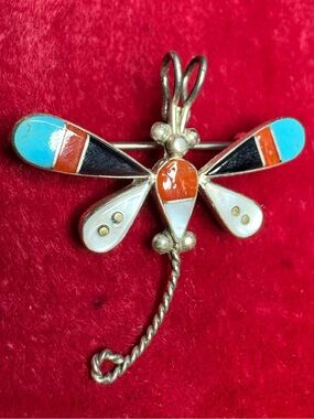 Pin Pendant Vintage Navajo Dragonfly Inlay Turquoise Coral Mother-of-Pearl